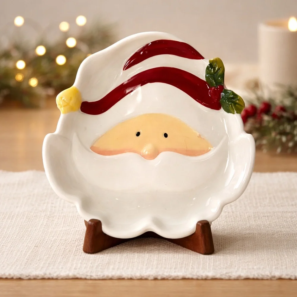 Santa Face Earthenware Christmas Candy Dish Bowl Nuts Snacks Holiday